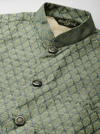 SOJANYA Lelaki Mustard Brown & Teal Green Jacquard Etnik Motif Kurta Lurus dengan Churidar