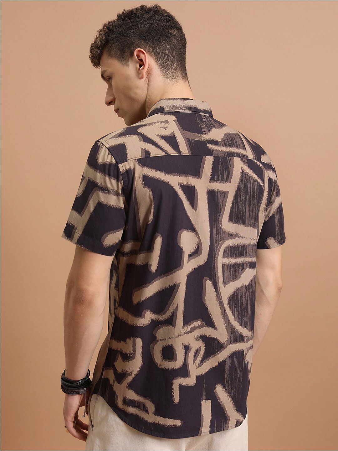 HIGHLANDER Purple and Khaki Abstract Printed Slim Fit Cotton Casual Shirt