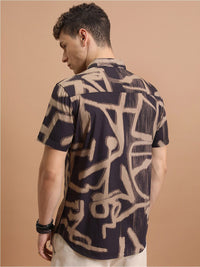 HIGHLANDER Purple and Khaki Abstract Printed Slim Fit Cotton Casual Shirt