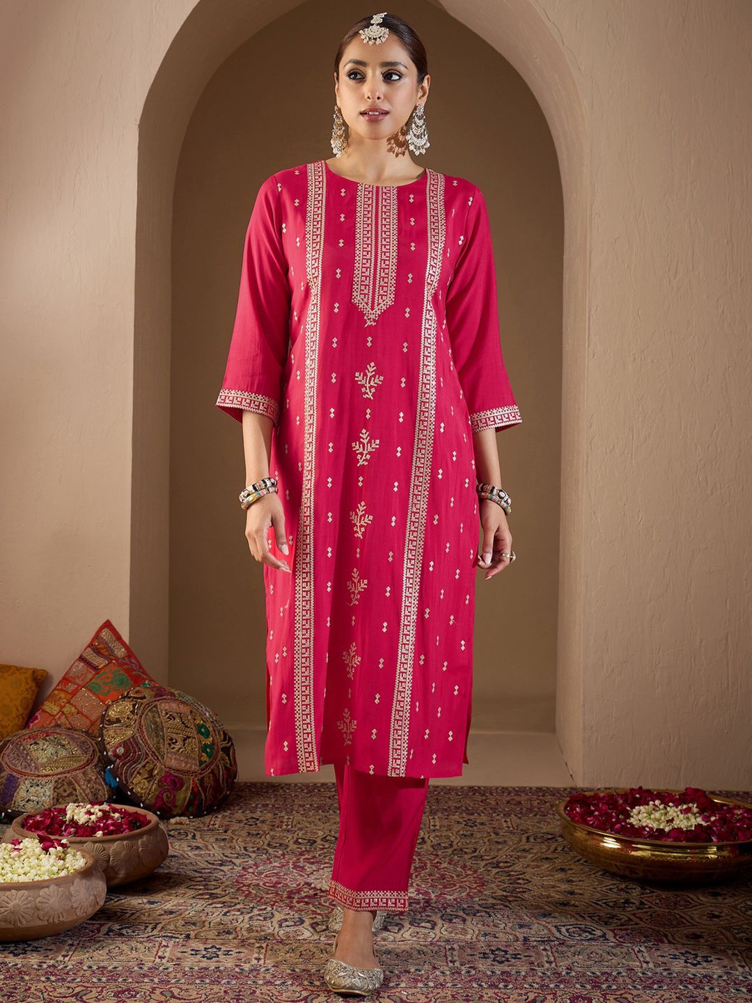 Indo Era Women Ethnic Motifs Embroidered Regular Sequinned Kurta with Trousers & With Dupatta