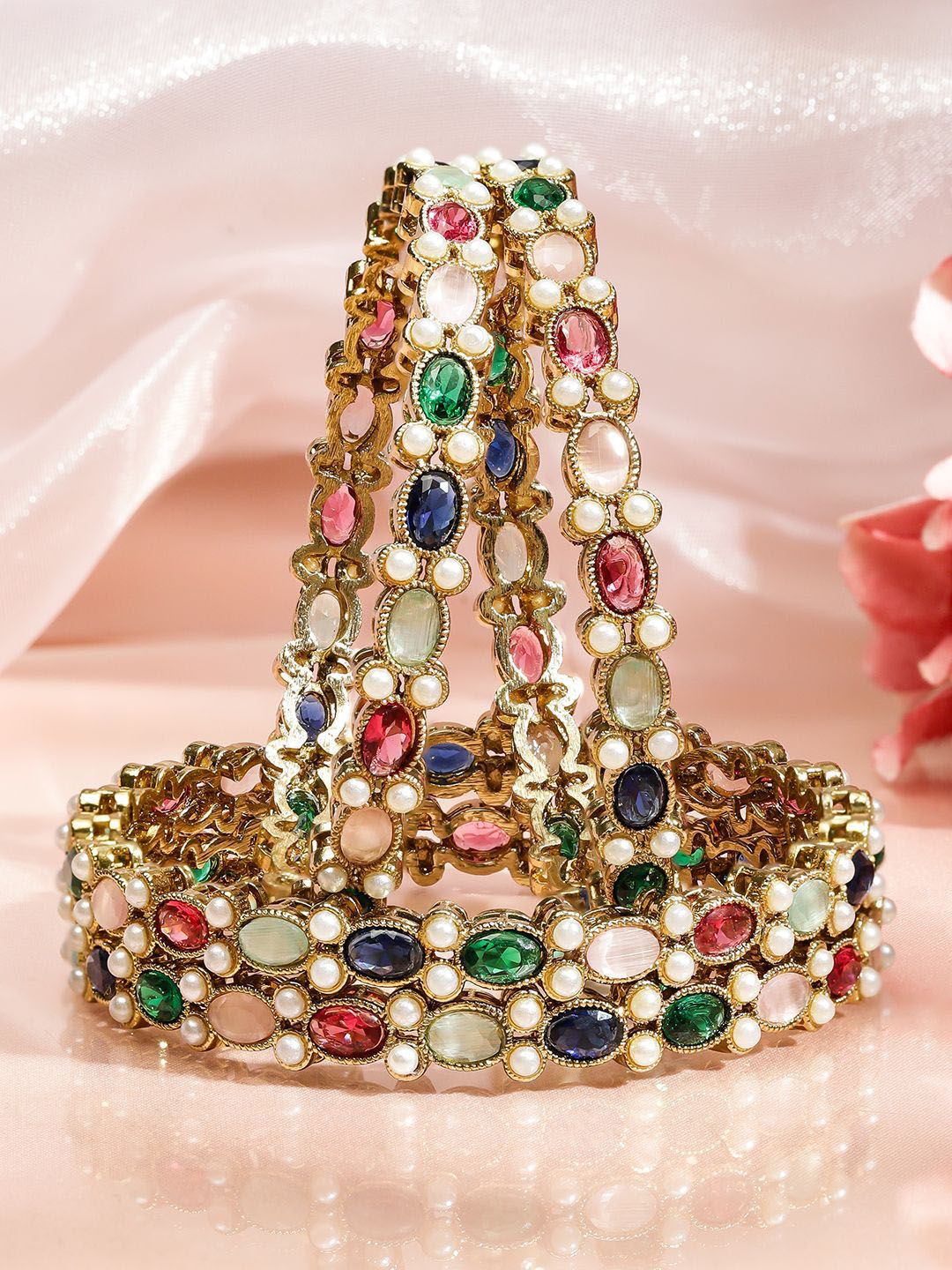 Rubans Set of 4 18K Gold-Plated Multicolour Zirconia & Pearl Beaded Designer Bangles