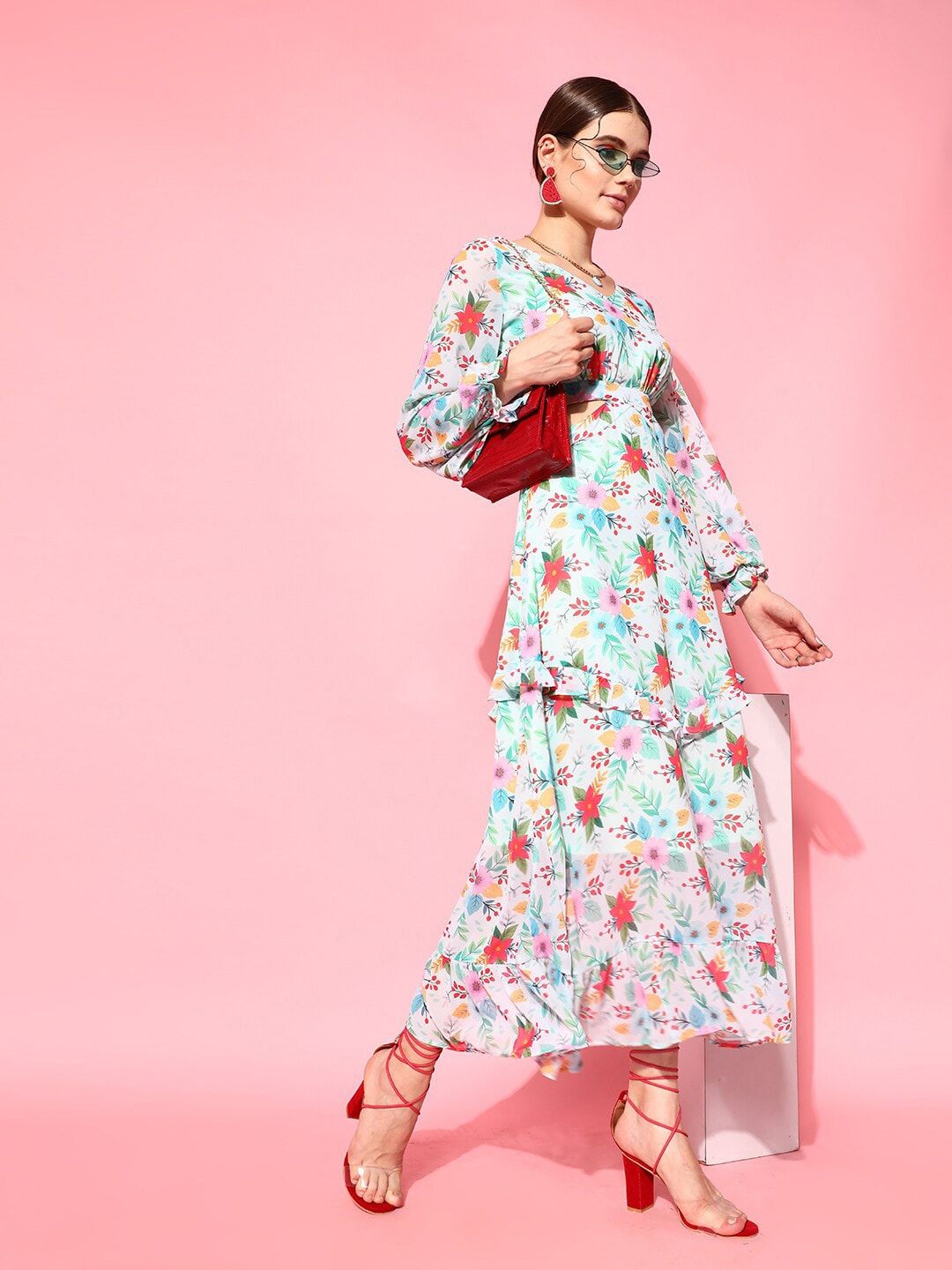 STREET 9 Green Floral Georgette Maxi Dress
