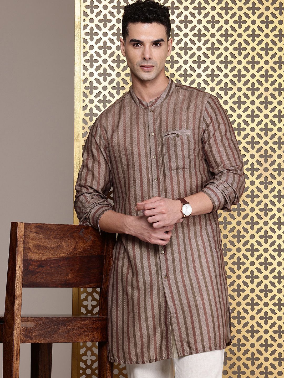 House of Pataudi Ethnic Motifs Printed & Striped Rozana Kurta