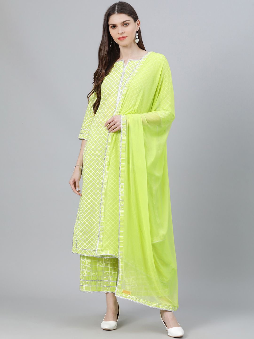 Libas Women Green Printed Pure Cotton Kurta with Palazzos & With Dupatta