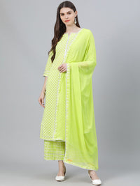 Libas Women Green Printed Pure Cotton Kurta with Palazzos & With Dupatta