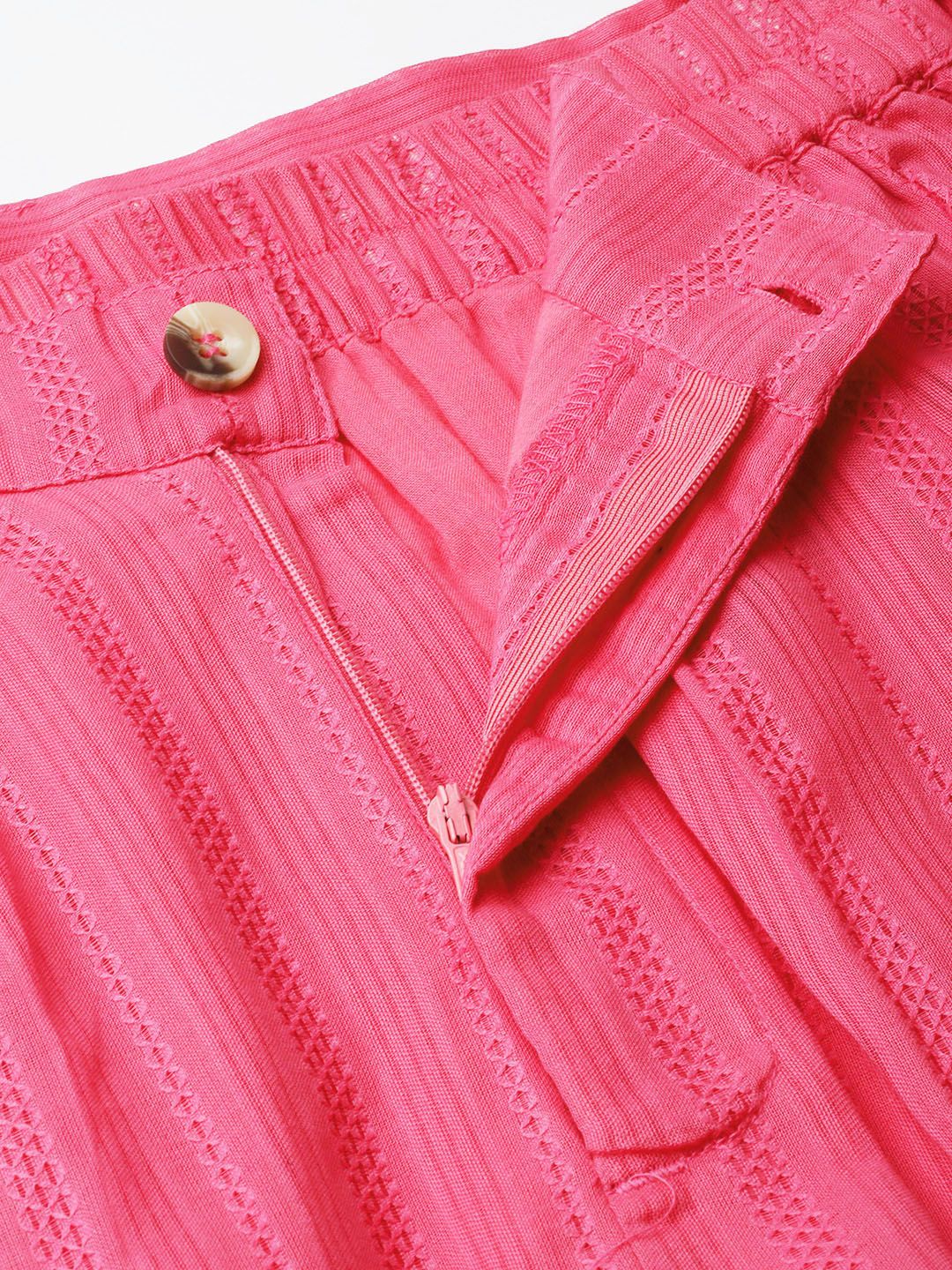 DressBerry Coral Crush Striped Threadwork Pure Cotton Belted Shorts