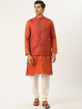SOJANYA Men Orange Ethnic Motifs Kurta with Churidar & Nehru Jacket
