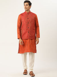 SOJANYA Men Orange Ethnic Motifs Kurta with Churidar & Nehru Jacket