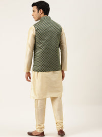SOJANYA Men Beige & Green Solid Kurta with Churidar