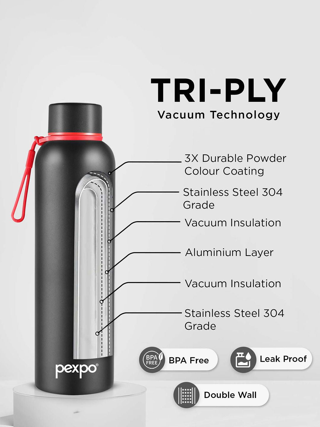 Pexpo Bravo Black ISI Certified Thermosteel Hot & Cold Insulated Water Bottle 1L