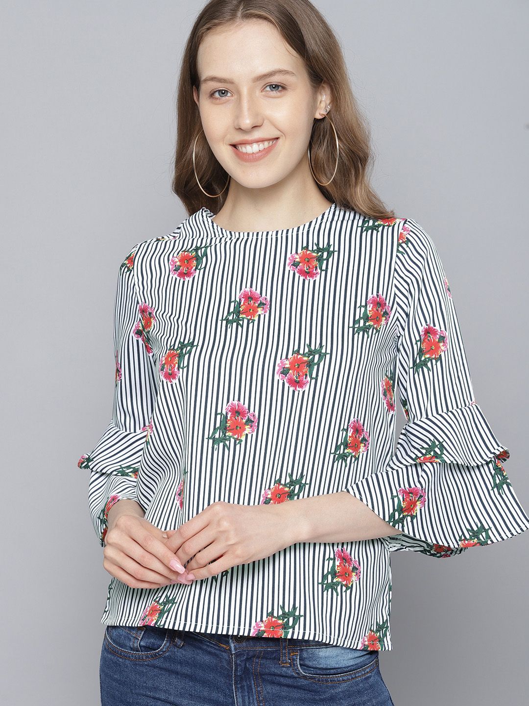 Tokyo Talkies White & Black Floral Printed Striped Top