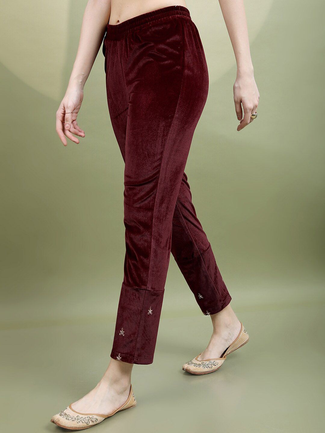 Vishudh Women Maroon Embroidered Knited Velvet Kurta & Trousers with Dupatta