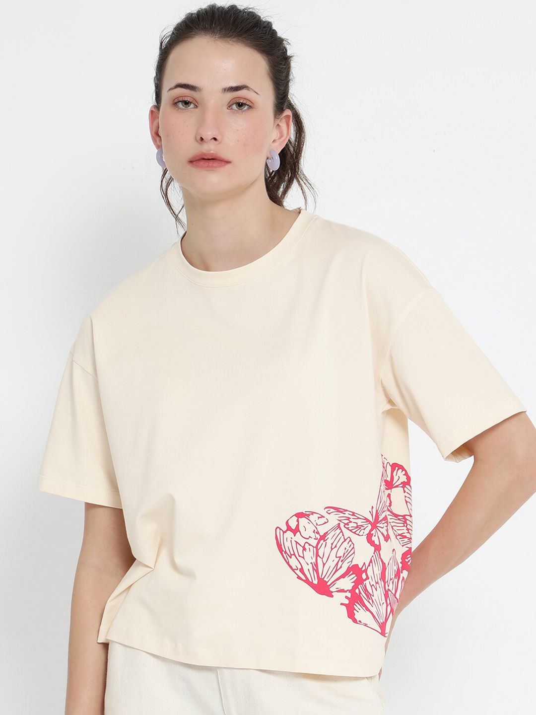 RAREISM Round Neck Drop-Shoulder Sleeves Boxy T-shirt