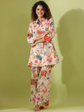 SANSKRUTIHOMES Floral Printed Shirt Collar Pure Cotton Night suit