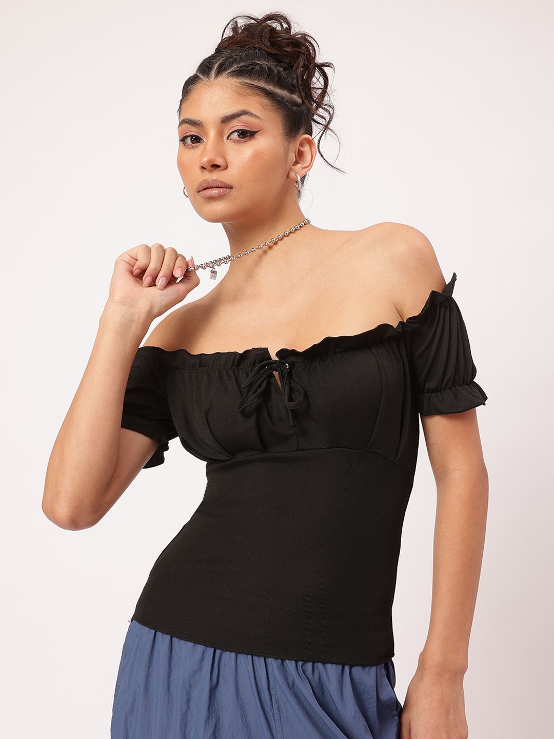 DressBerry Flirtatious Flair Off-shoulder Puff Sleeve Bardot Top