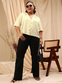 CURVY STREET Cream Comfort Satin Spread Collar Oversized Curved Casual Shirt