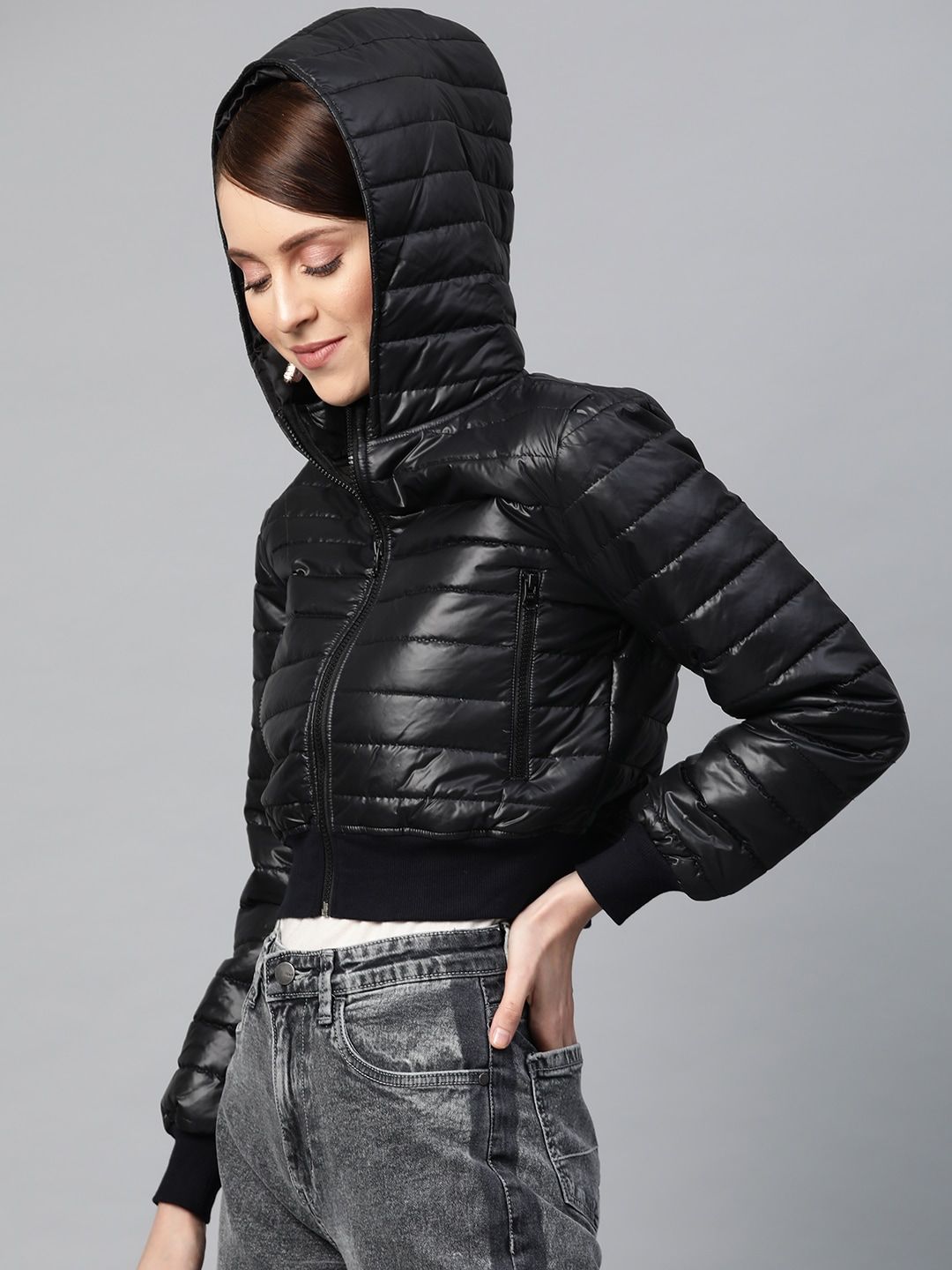 SASSAFRAS Women Black Solid Cropped Puffer Jacket