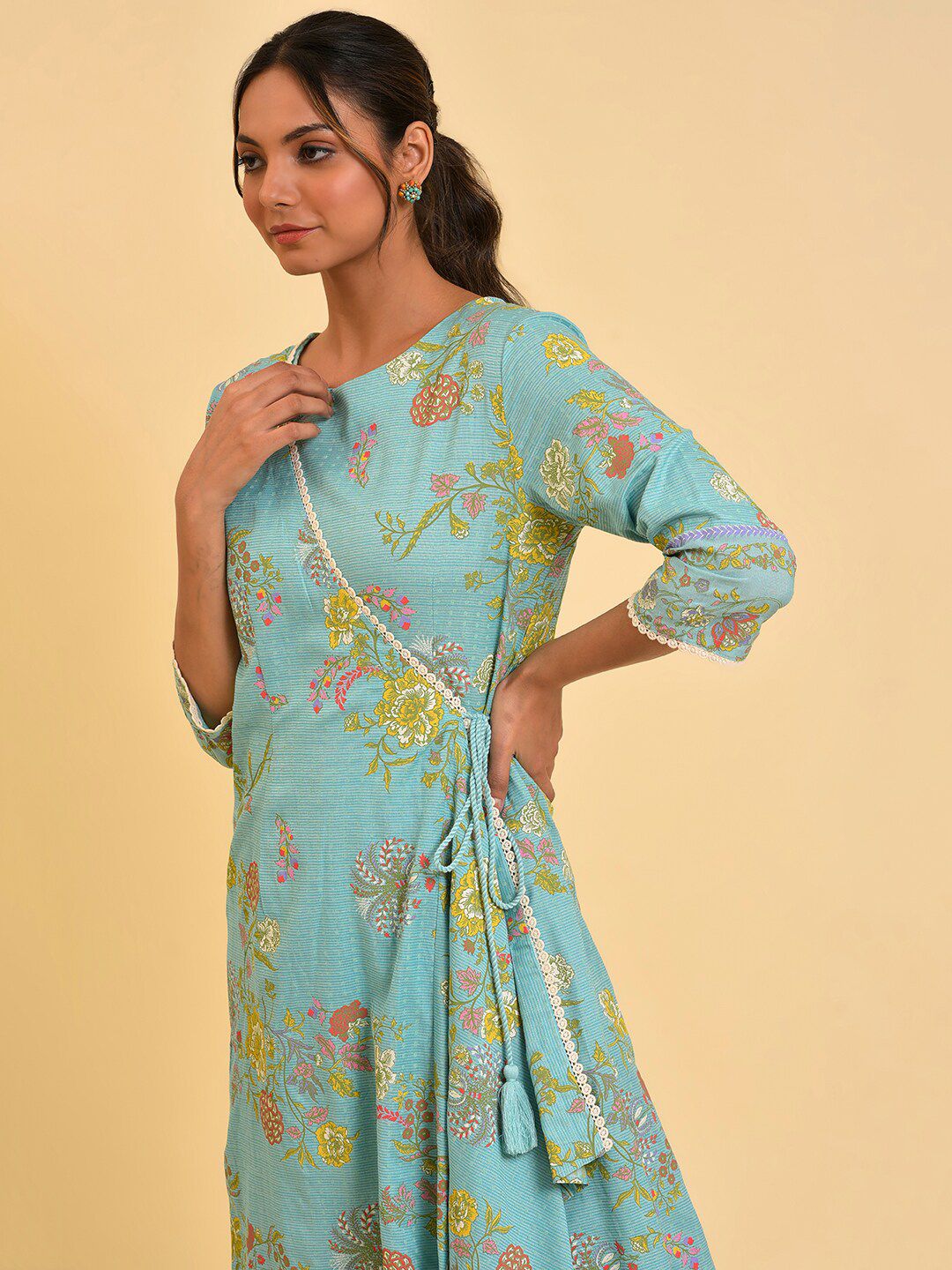 W Blue & Red Floral Printed Culotte Jumpsuit