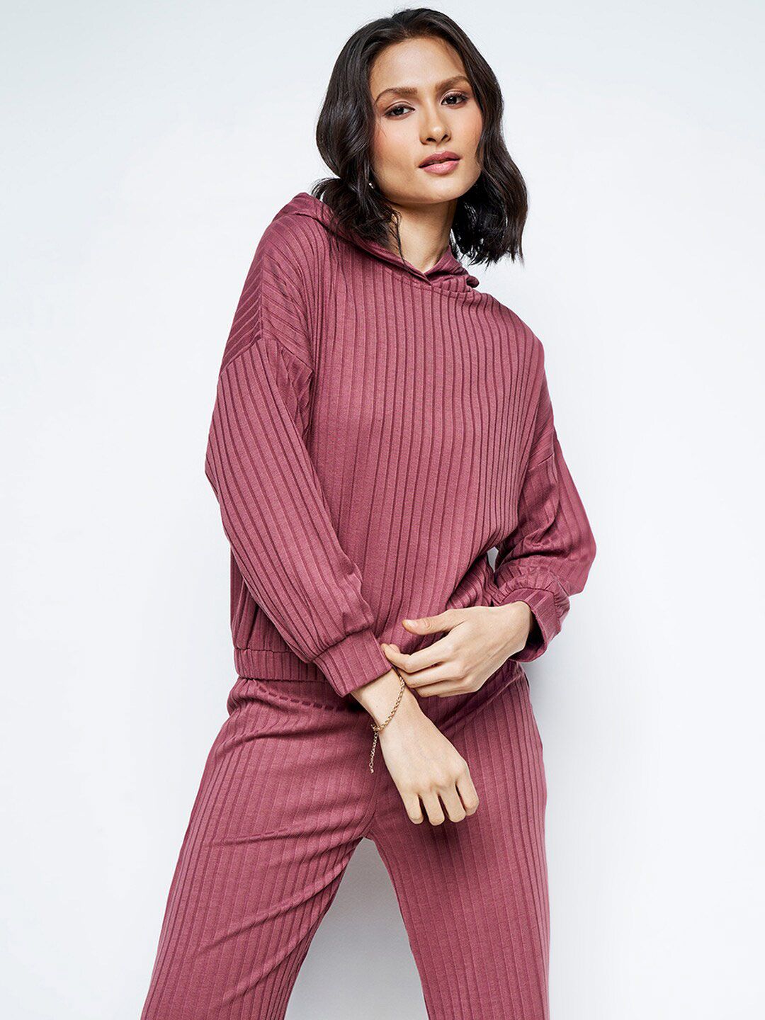 AND Self Design Hooded Sweatshirt With Trousers