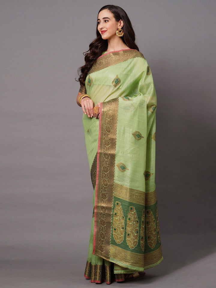 Saree mall Green & Gold-Toned Woven Design Silk Blend Banarasi Sarees