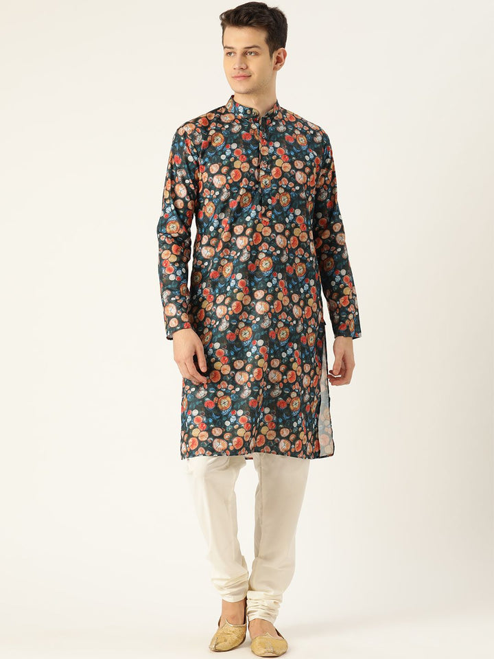 SOJANYA Men Teal Blue & Rust Orange Geometric Printed Straight Kurta