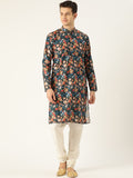 SOJANYA Men Teal Blue & Rust Orange Geometric Printed Straight Kurta