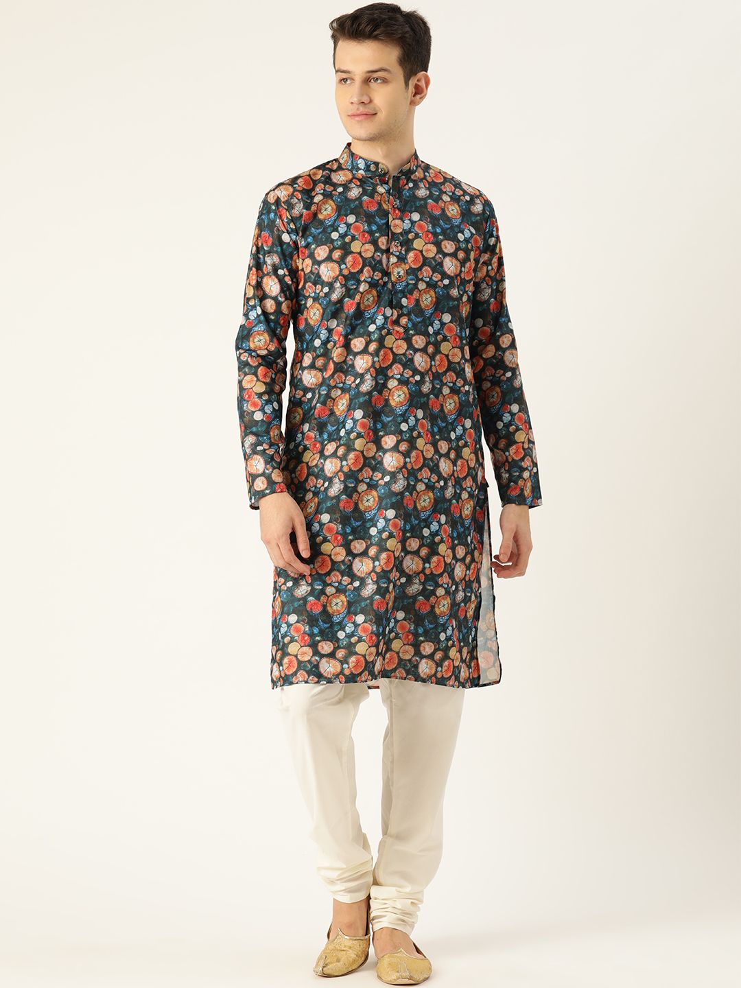 SOJANYA Men Teal Blue & Rust Orange Geometric Printed Straight Kurta