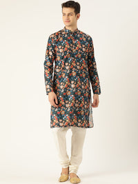 SOJANYA Men Teal Blue & Rust Orange Geometric Printed Straight Kurta
