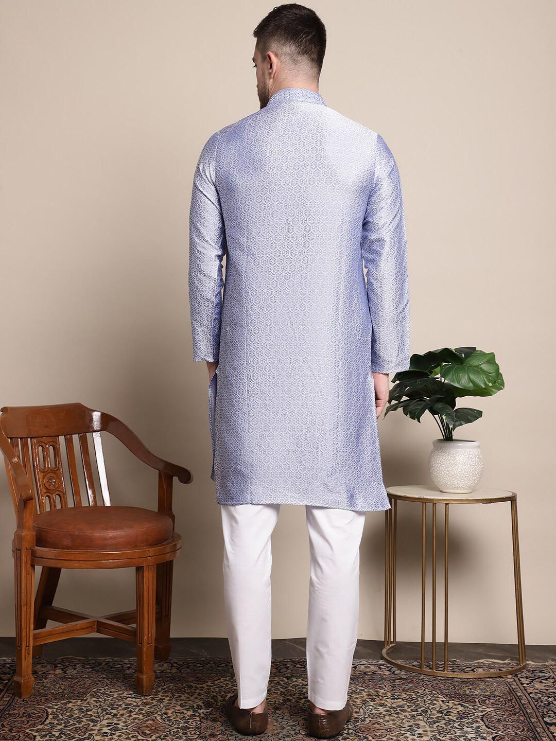 Anouk Blue & White Ethnic Motifs Woven Design Mandarin Collar Kurta with Pyjamas