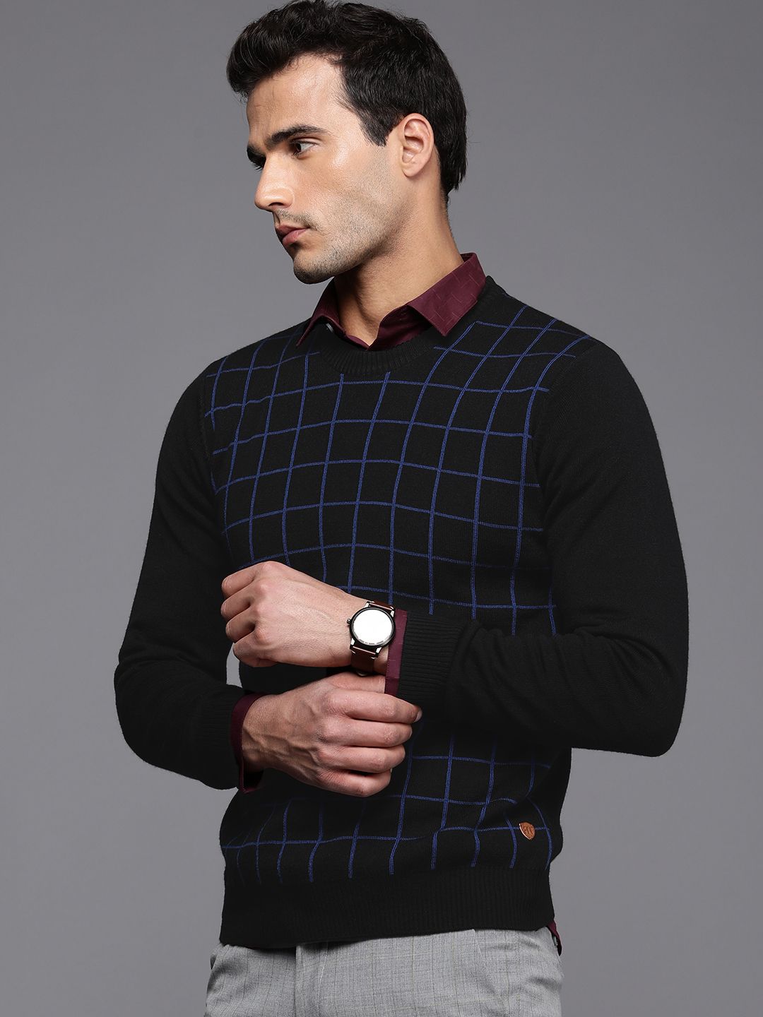 Raymond Men Black & Blue Checked Round Neck Long Sleeves Pullover