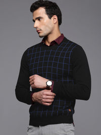 Raymond Men Black & Blue Checked Round Neck Long Sleeves Pullover