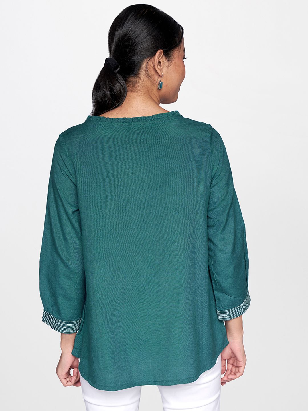 Global Desi Teal Green Solid Asymmetric Hem Top