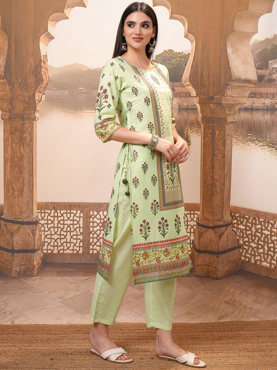 Vishudh Lime Green Floral Printed Pure Cotton Straight Kurta With Trousers & Dupatta