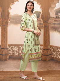 Vishudh Lime Green Floral Printed Pure Cotton Straight Kurta With Trousers & Dupatta