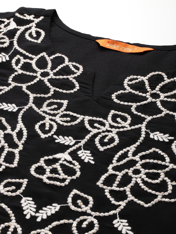Indo Era Floral Embroidered Thread Work Kurta With Trousers & Dupatta