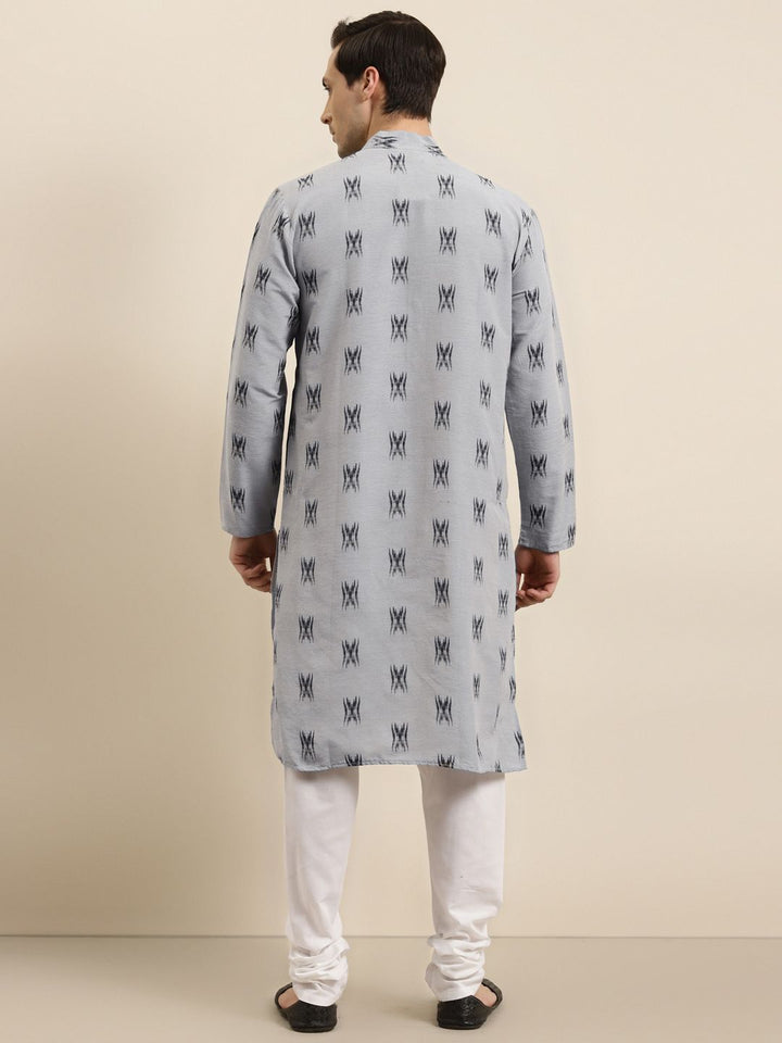 Sojanya Lelaki Grey & Black Ikat Woven Design Pure Cotton Kurta