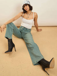 SASSAFRAS Women Straight Fit High-Rise Light Fade Acid Wash Stretchable Jeans