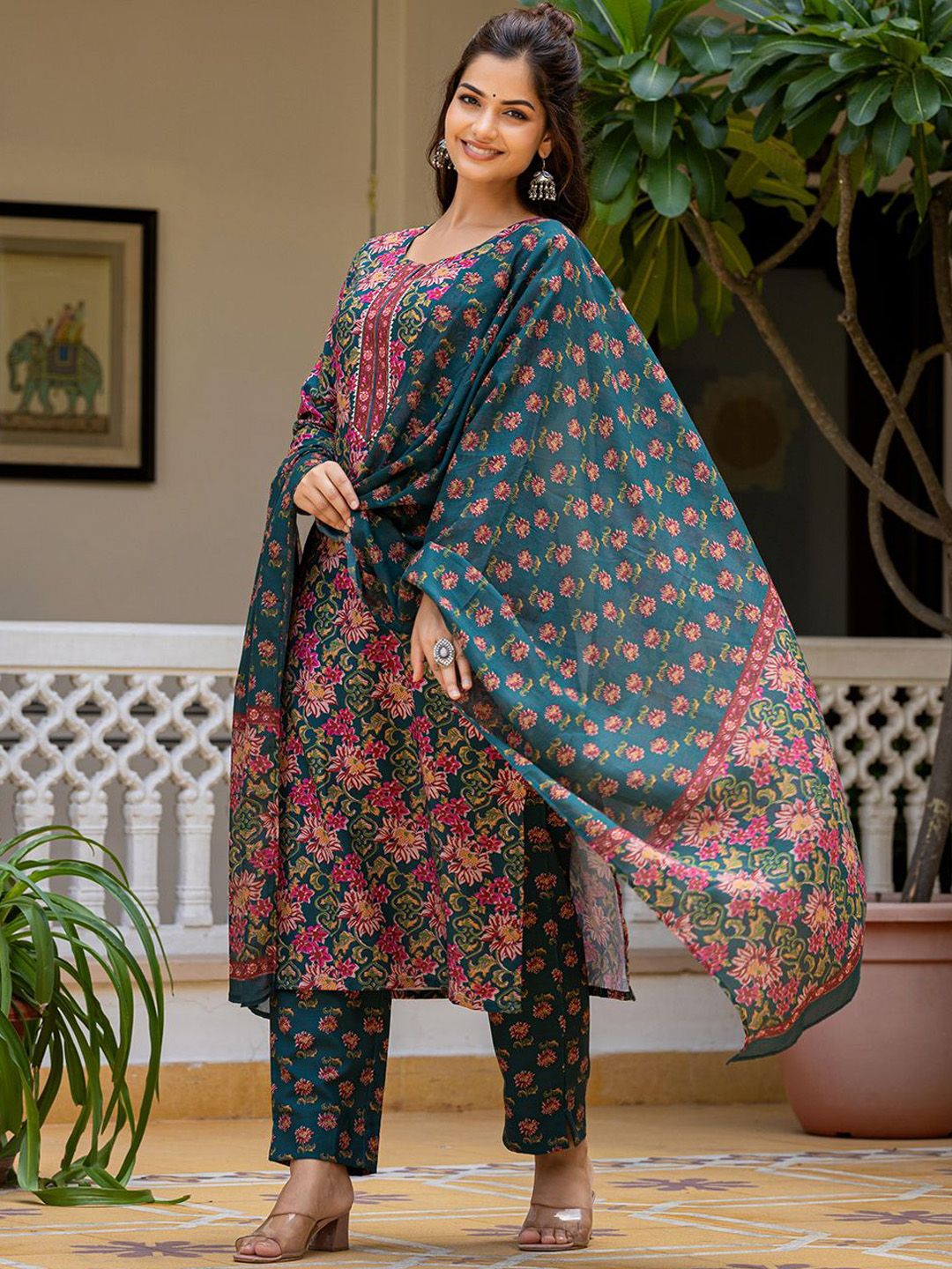 KALINI Women Floral Printed Regular Kurta with Trousers & Dupatta