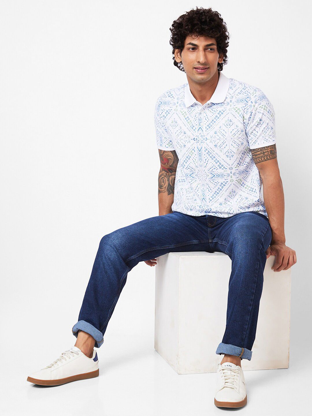 SPYKAR Geometric Printed Polo Collar Slim Fit T-shirt
