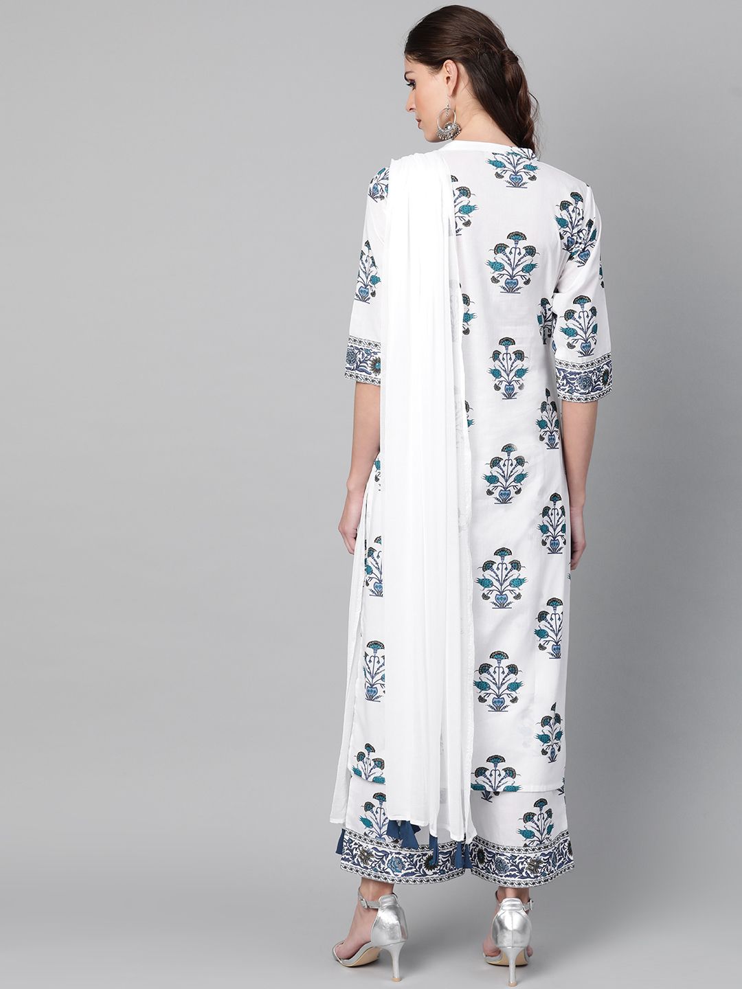 Libas Women White & Navy Blue Floral Printed Kurta with Palazzos & Dupatta