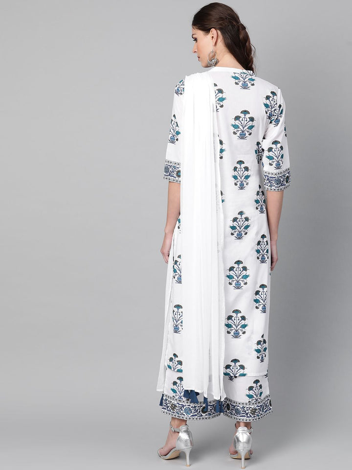Libas Women White & Navy Blue Floral Printed Kurta with Palazzos & Dupatta
