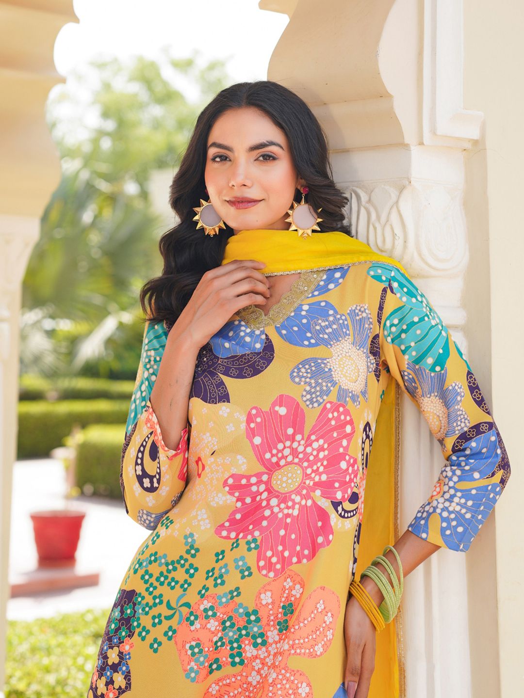 KALINI Floral Printed V-Neck Straight Kurta With Trousers & Dupatta