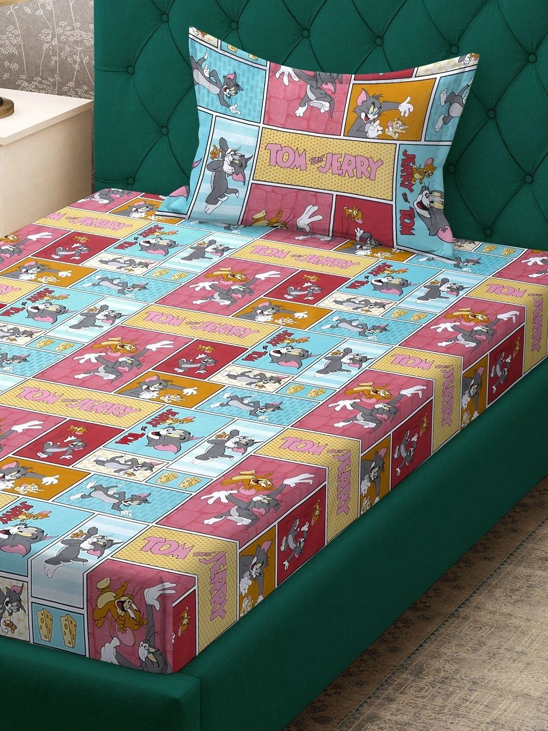 Myntra Elegant Homes Multicoloured Cartoon Characters 400 TC Single Bedsheet with 1 Pillow Covers