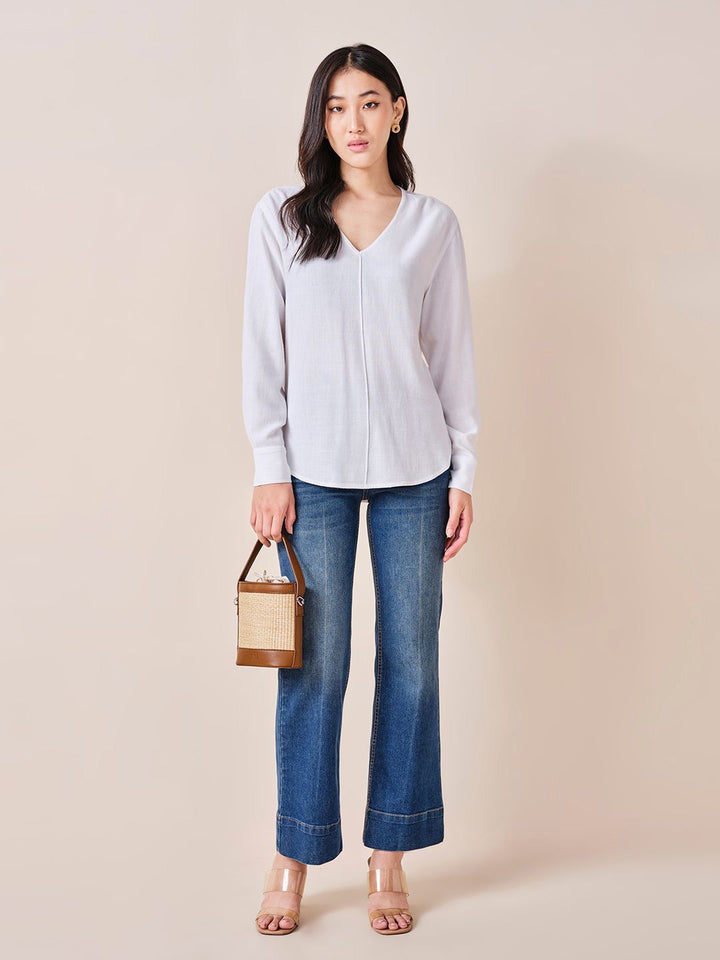 AND Women Solid V-Neck Long Sleeve Top