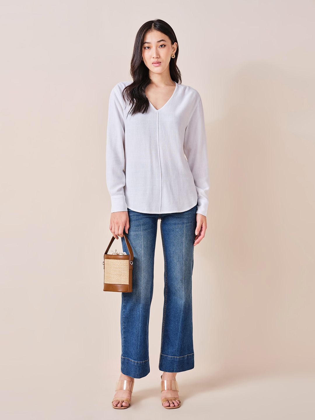 AND Women Solid V-Neck Long Sleeve Top