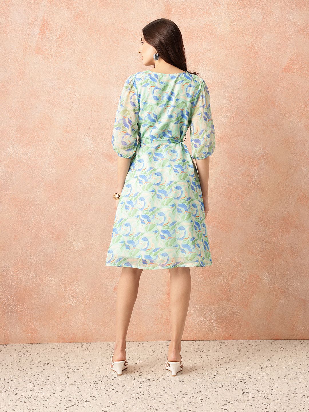 all about you Floral Print Puff Sleeves Wrap-Style A-Line Dress