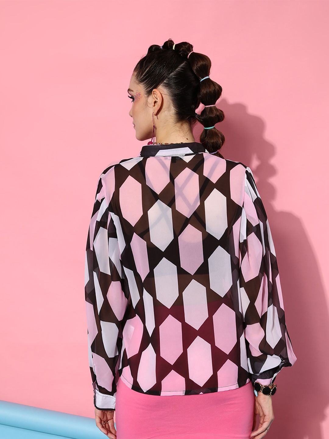 STREET 9 Women Black & Pink Sheer Geometric Printed Casual Shirt