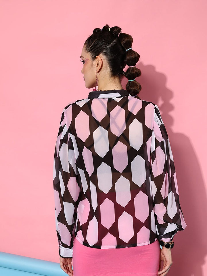 STREET 9 Women Black & Pink Sheer Geometric Printed Casual Shirt