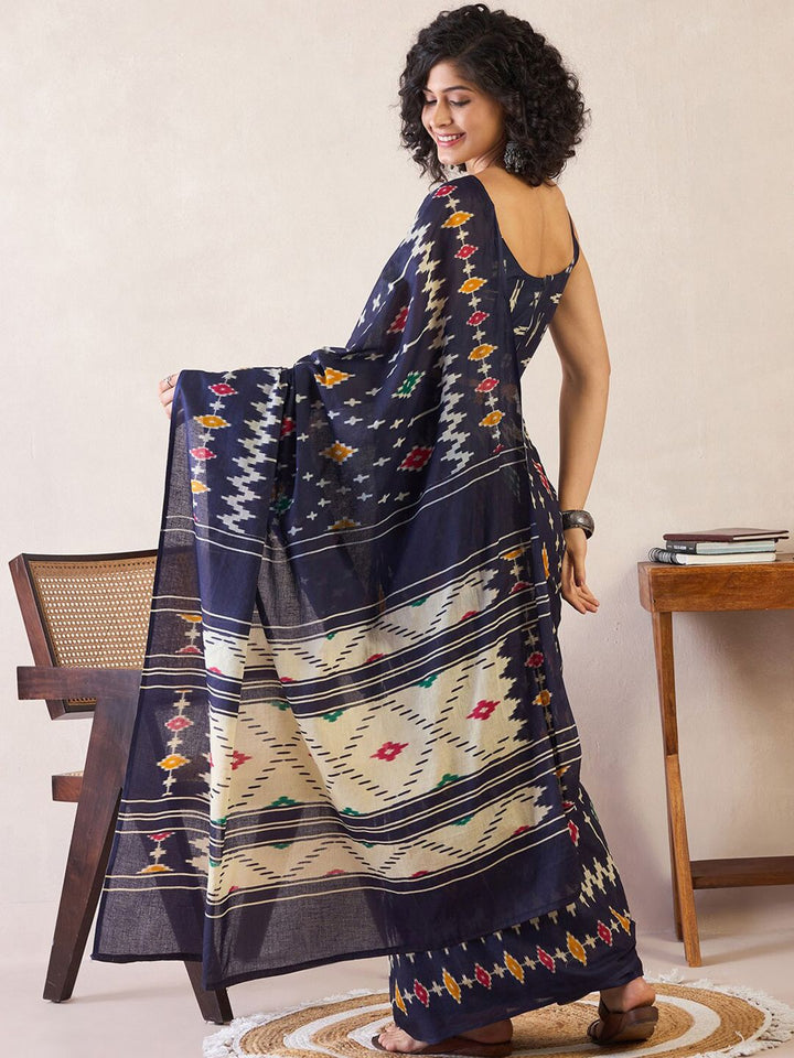 Saree mall Ethnic Motifs Poly Cotton Ready to Wear Ikat Sarees
