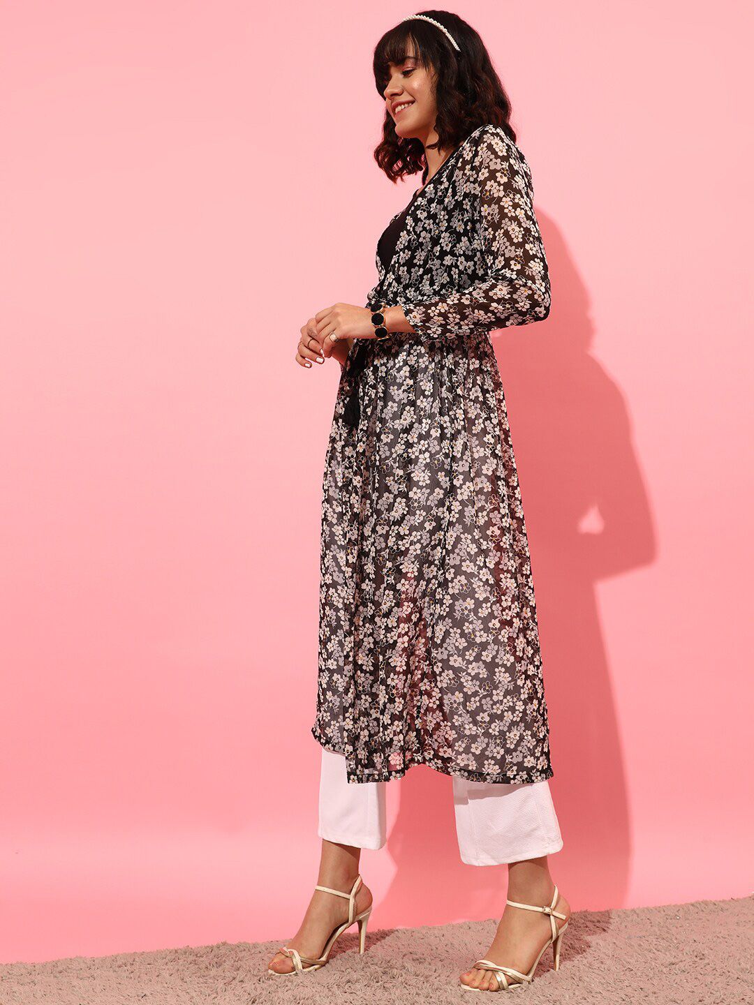 STREET 9 Women Printed Longline Tie-Up Shrug